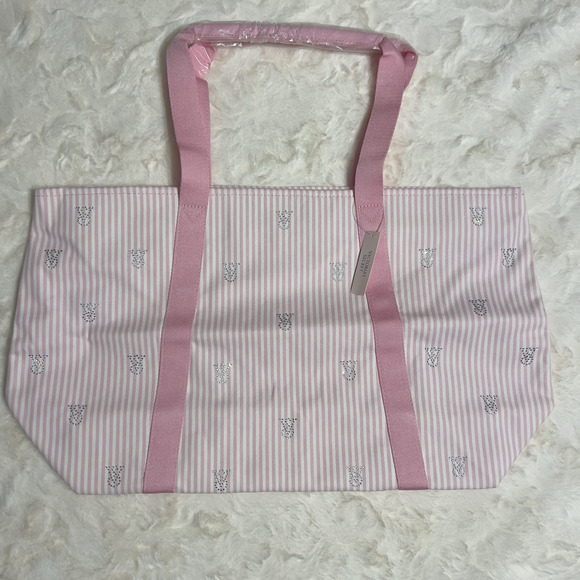 Victoria’s Secret Heritage Stripe Tote Bag Light Pink Glitter Logo Canvas NWT - Picture 5 of 5